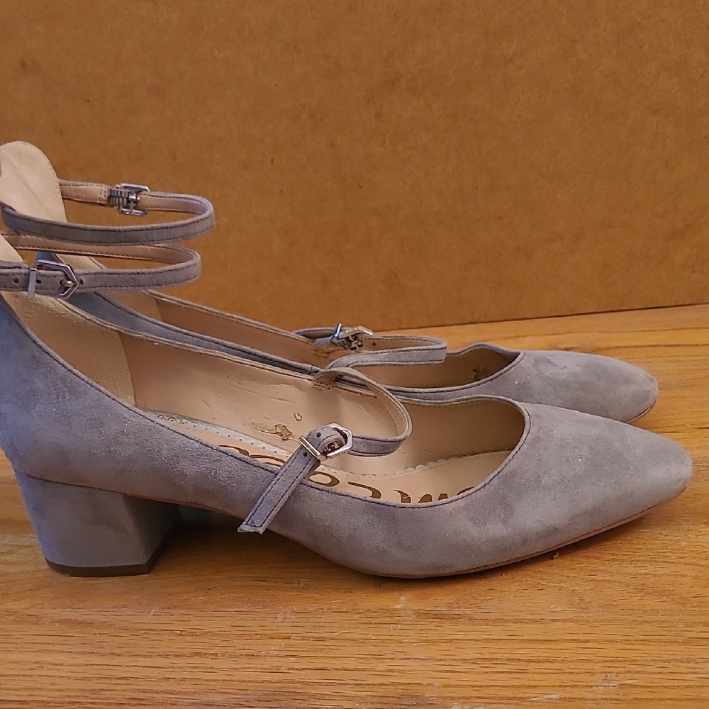 Sam Edelman Lulie Gray Suede Ankle Strap Block Heels, Size 8.5